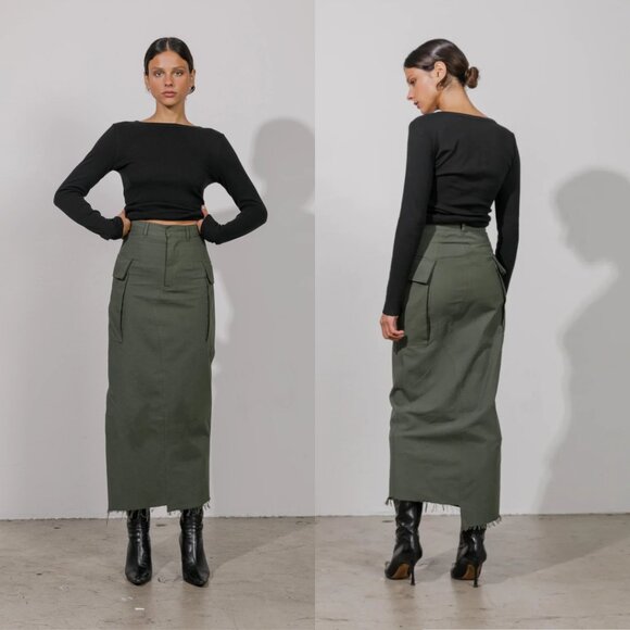NWT LE Local European Cargo Maxi Skirt Raw Hem Side Slit Utility Pockets Olive - Picture 1 of 11